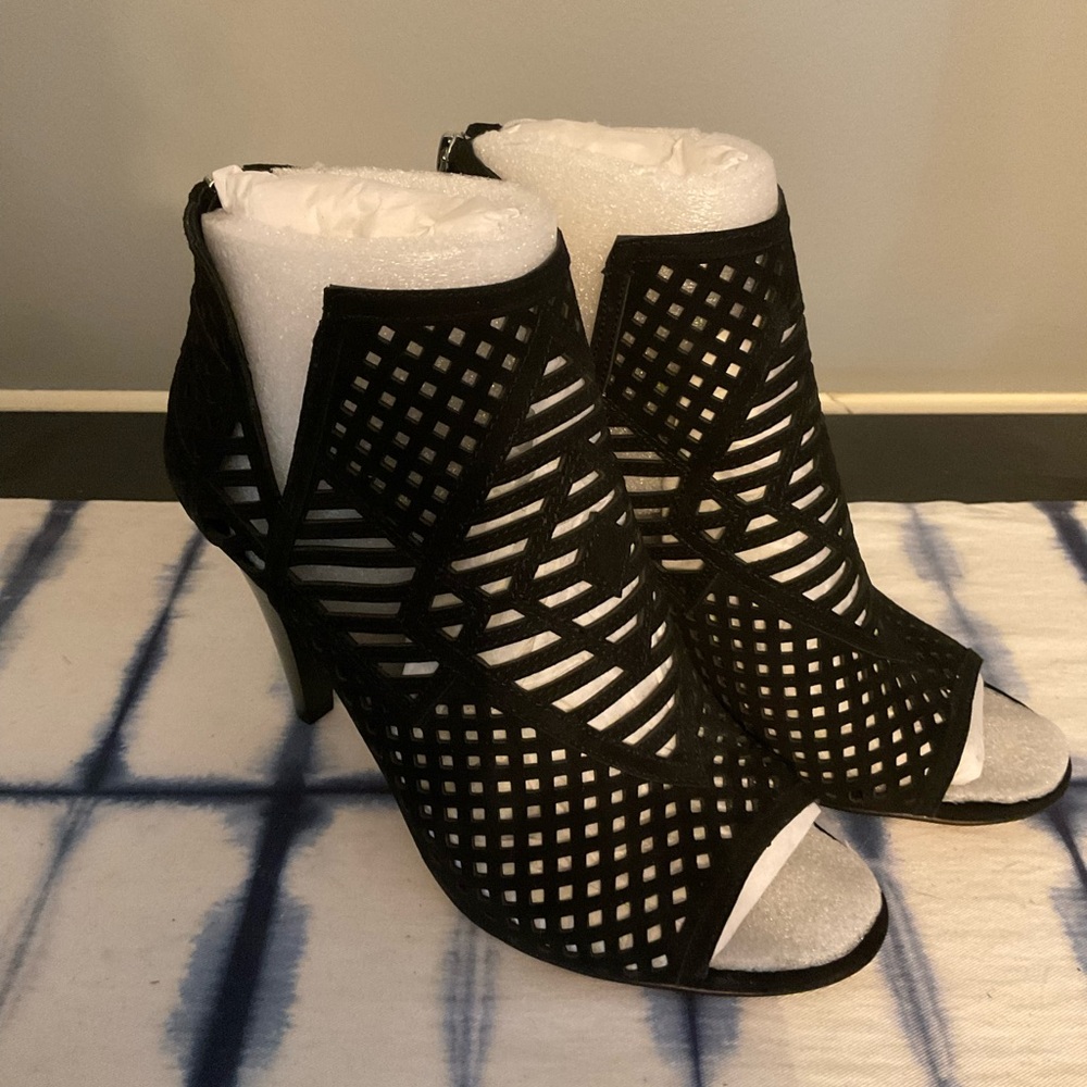Black and White Stiletto Ankle Boots with Cutout Design